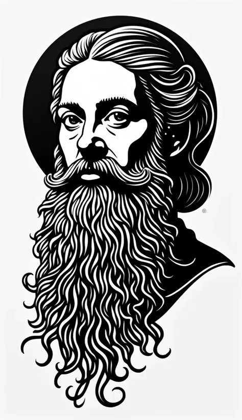 A black and white linocut of Anita Garibaldi&#39;s head, with intricate patterns in his beard forming a labyrinthine abstract representation within it, Simple Background, completely white background