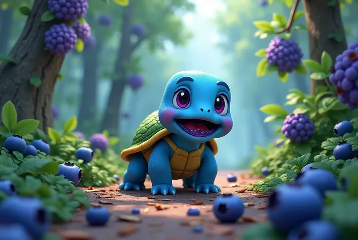 Animated blue turtle with green shell with mouth dirty with blueberries in the forest with blueberry trees 