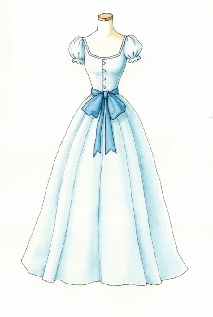 Create a hand-drawn watercolor sketch of Clara&#39;s dress from the Nutcracker ballet,  seen from the front, white dress, empire waist, a blue ribbon just below the bust, midi length, sweater dress, without the body of a person, just the dress