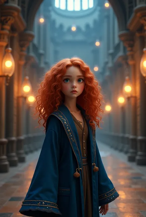 A girl with curly red hair and a Ravenclaw uniform at Hogwarts 