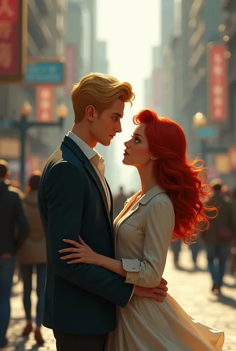 A couple that meets again, he is blond and she is a redhead 
