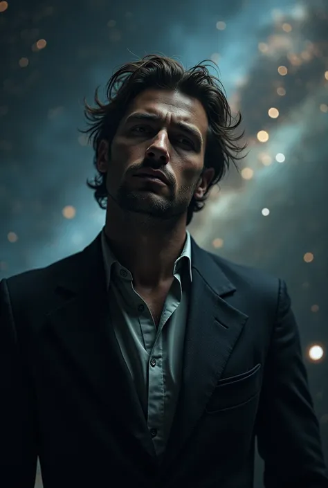 a man in a deep space background, stars shining in the background, man making a pose for a photo, man has a sad look but serious face, man has messy hair and wearing a blazer, mans hands are hidden, detailed portrait, cinematic lighting, highly detailed, p...