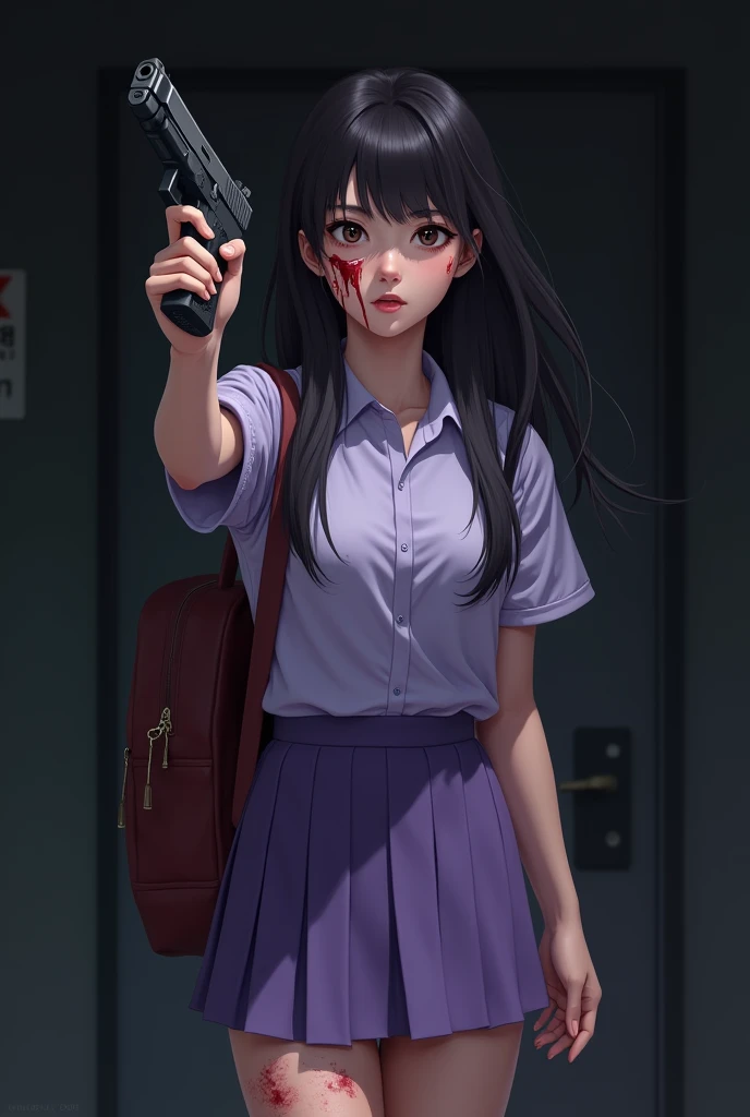 One korean college girl having deep cut on cheek ans blood dripping from one eye in serious expression  . Full body posture image Holding gun in hand with alertness with dark background wearing light purple shirt and violet skirt and school bag hanging in ...