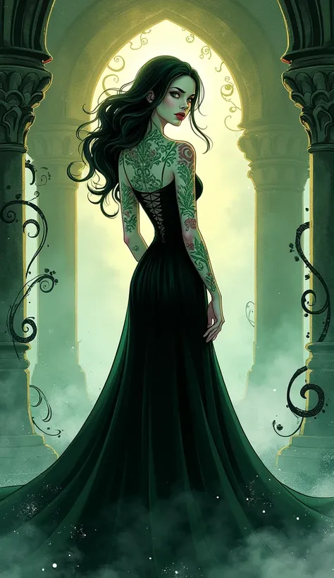 Whimsical 2D cartoon illustration, gothic femme fatale character, long flowing black dress that billows elegantly, piercing emerald green gaze filled with intrigue, intricate swirling tattoos adorning her arms and shoulders, delicate linework enhancing her...