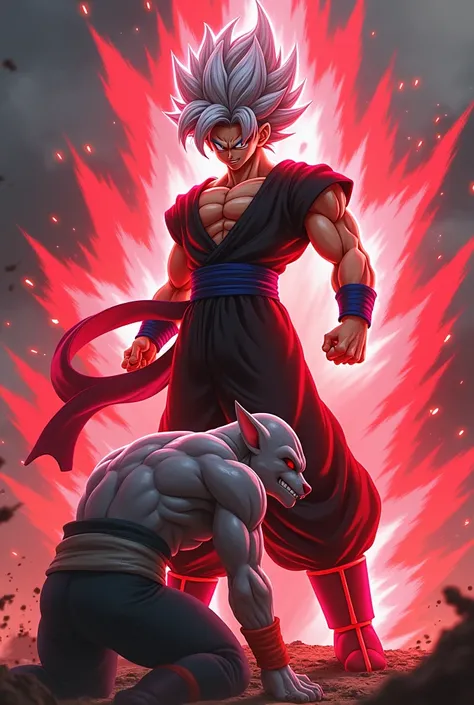 Dragon ball goku with a blast  which in red  colur in his hand and his hair was in silver colour and his costume would be black  fighting with beerus with a smile in gokus face
While beerus kneel down with bowing head
