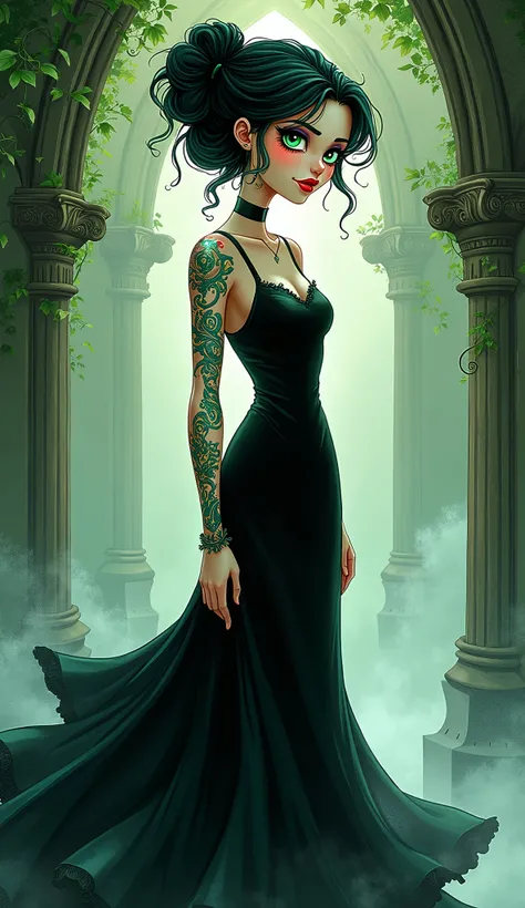 Whimsical 2D cartoon illustration, gothic femme fatale character, long flowing black dress that billows elegantly, piercing emerald green gaze filled with intrigue, intricate swirling tattoos adorning her arms and shoulders, delicate linework enhancing her...