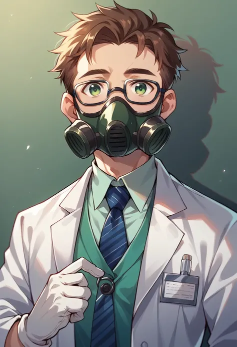 solo, looking at viewer, brown hair, gloves, 1 male, green eyes, upper body, male focus, tie, glasses, white gloves, shiny teal vest, lab coat, gas mask