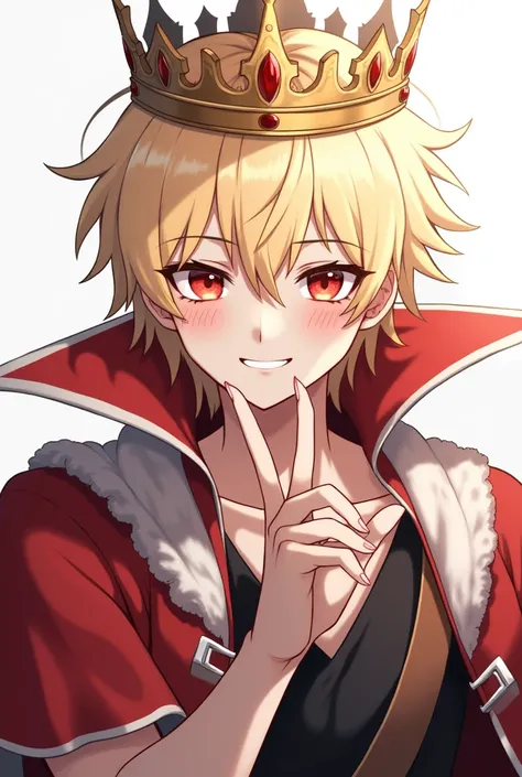 An attractive blond king with red eyes, that has a crown and its skin is white, that everything is anime, that it is a man and that the background is transparent, with an attractive and playful pose and smile
