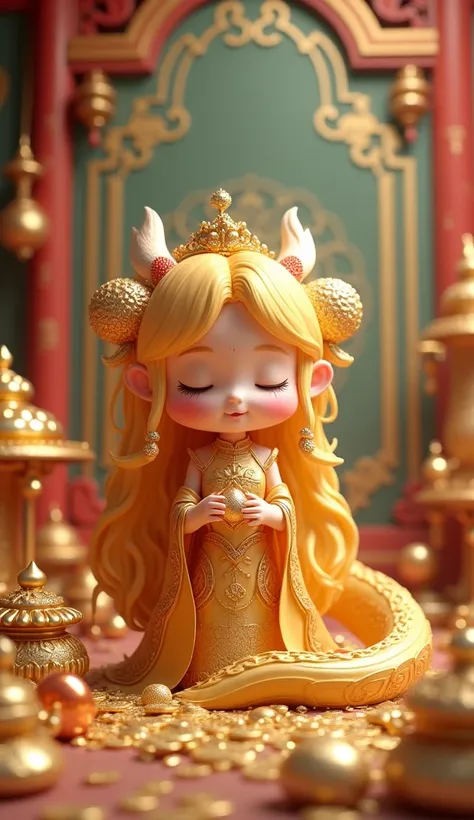 Dragon Palace,pavilion,Q version,2.5D,Cute and silly,Chinese Dragon Princess,Long golden hair,dragon hair accessories,Big breasts,Wearing golden fairy exquisite silk satin,in the room,Counting gold and silver treasures