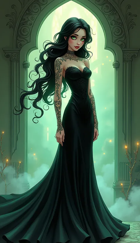 Whimsical 2D cartoon illustration, gothic femme fatale character, long flowing black dress that billows elegantly, piercing emerald green gaze filled with intrigue, intricate swirling tattoos adorning her arms and shoulders, delicate linework enhancing her...