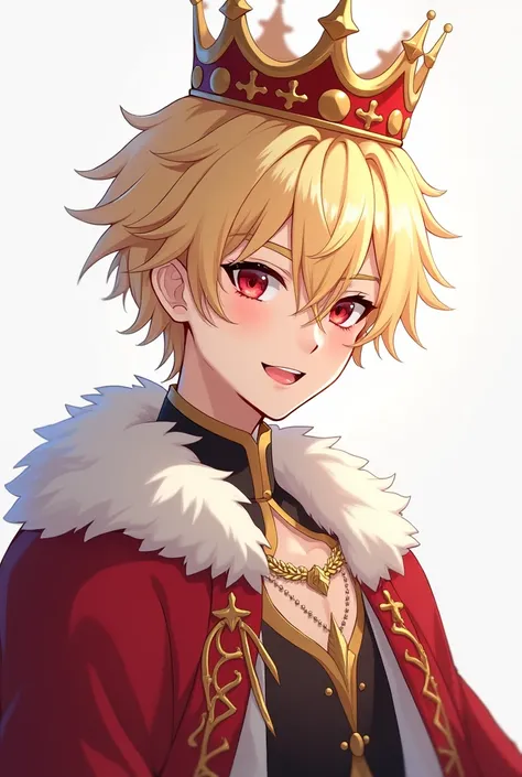 An attractive blond king with red eyes, that has a crown and its skin is white, that everything is anime, that it is a man and that the background is transparent, with an attractive and playful pose and smile
