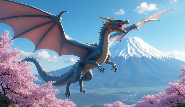 Dragon flying over Mount Fuji with cherry blossoms in the background
