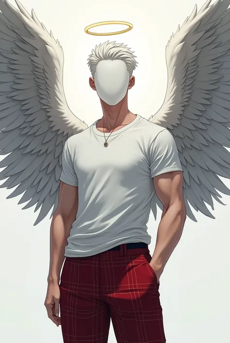 estilo anime ultra realista 4K o personagem vai ter cabelo curto e White penteado pra trás ele sem rosto, White ,man, and wears a completely white t-shirt and red plaid pants and a white and a black wing , and has an angel&#39;s hoop on top of his white he...