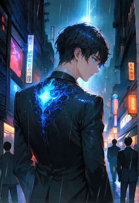 A young man with black hair and blue eyes in a black suit turned his back and half his face in the middle of a rainy city at night.