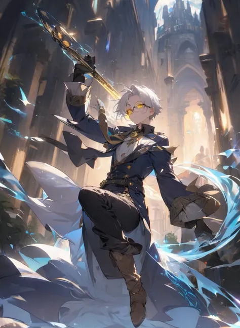 highest quality、masterpiece、man in silhouette、magic academy back ground, Male Dark, dark blue colors, wizard dnd, man with yellow eye, Wizard steampunk Clothes costume style, long white hair, wear glassess, magic mana sword flying around 