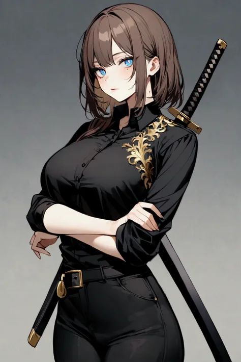 Catherine is a girl () with long brown hair, she wears a long-sleeved long-collared shirt, the sleeves are above the elbows, the shirt is buttoned, navy blue and has a gold button, she also has black sleeves on her arms, the sleeves have no fingers, she we...