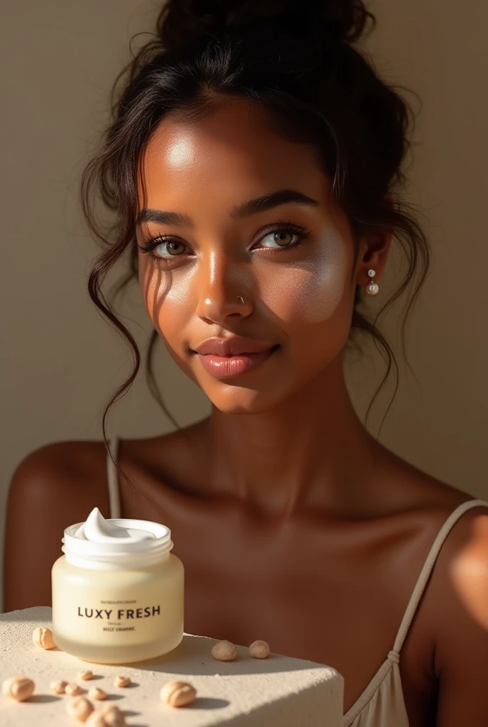 pretty skin girl, applying a cream on your arms that says &#39;&#39;Luxy Fresh&#39;&#39; on the cream bottle, the girl smiles tenderly, He has dark skin, grey eyes, human and her skin shines thanks to the cream