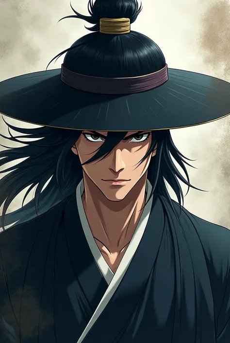 Male character with black samurai hat and black hair in anime