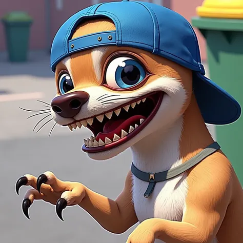 A cartoonish, anthropomorphic dog resembling a Chihuahua wears a blue baseball cap and grins widely, showcasing sharp teeth. The dog has large, expressive eyes and extended claws on its paws. In the background, there are hints of urban scenery, including a...