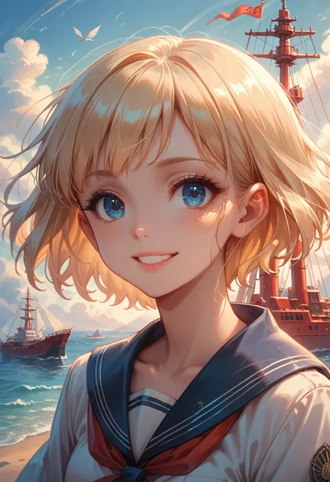 {{masterpiece, best quality, extremely detailed CG, unity 8k wallpaper, cinematic lighting, }}, Sony α7, wide frame, South Pacific, during war with Asian powers, wind blowing on Aegis ship, 1 Girl, Full Body, smile, she is a US Navy sailor, Caucasian, 20 Y...