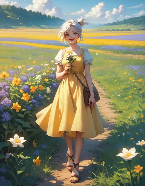 score_9, score_8_up, score_7_up, score_6_up, source_anime, 1girl, solo valJett, white hair, short ponytail, yellow sundress, field, meadow, flowers, holding flower, sandals, full body, looking at you, happy
