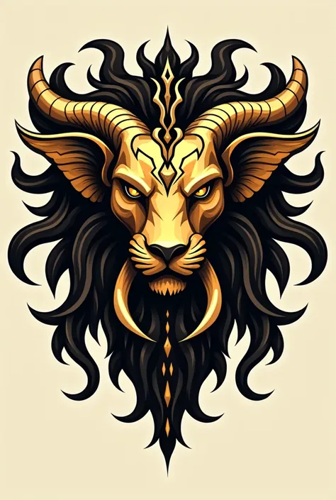 Create a stylized logo in gold with black, featuring a yaazhi face. The design should have intricate, bold lines and curves, similar to a mythical creature like a lion and elephant fusion. The face should incorporate sharp, flowing elements and abstract fe...