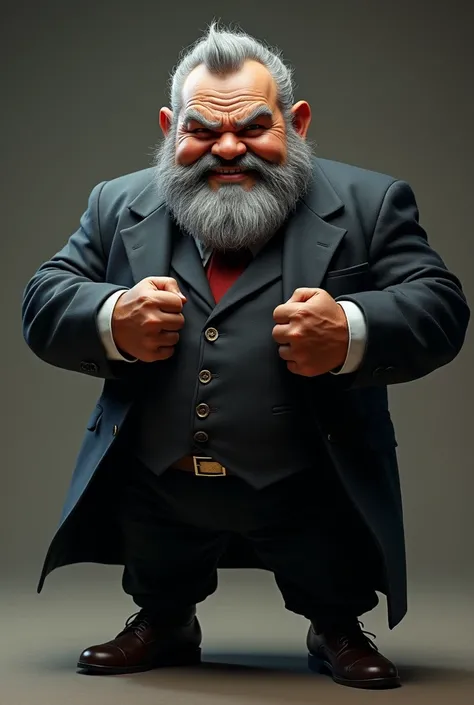 "A dwarf of 1,60m, gray haired with an athletic body and brown skin, dressed in an elegant dark suit. He adopts an attacking position, with clenched fists and a firm posture, conveying confidence and determination. Your gray hair is well cared for, and his...