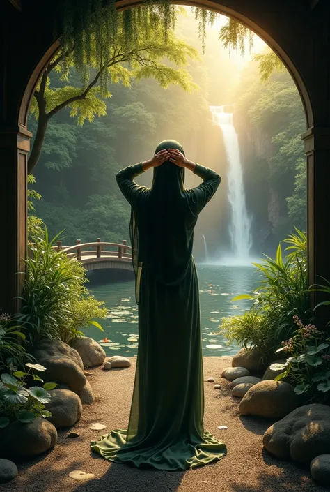 A stunning and intricately painted masterpiece by Hans Darias AI featuring a beautiful Indonesian Muslim woman in her attire adorned by a stunning landscape.. The artwork is created against a pitch black background., emitting an ethereal light that draws t...