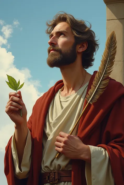 Saint John the Evangelist looking towards the sky with a leaf in one hand and an ostrich feather in the other 