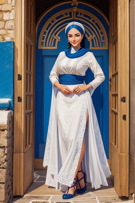 A beautiful woman standing in Santorini Greece is a traditional Greek folk dress. large round cornflower blue eyes, round face, thick eyebrows long thick eyelashes. Head scarf. Long shapely legs. think girdled waist.  detailed facial features. twin-braids....