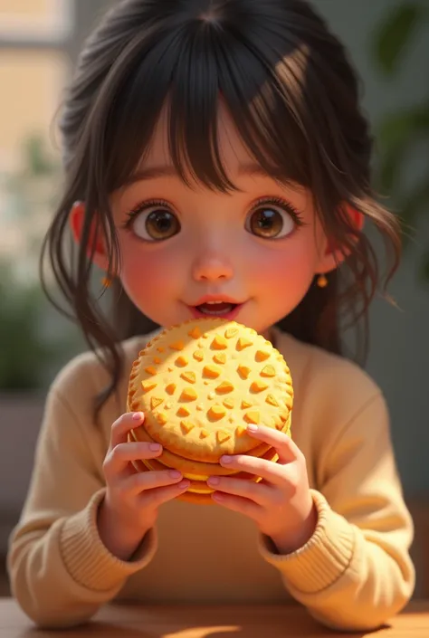 girl eating wafer (Large double thin biscuit with round checkered texture, Fill the middle of the two fruit cookies with colored arequipe cheese chips so that it looks very appetizing

