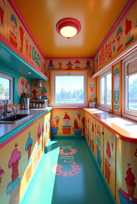 I created the interior plan of an ice cream truck with the oggy ice cream brand 