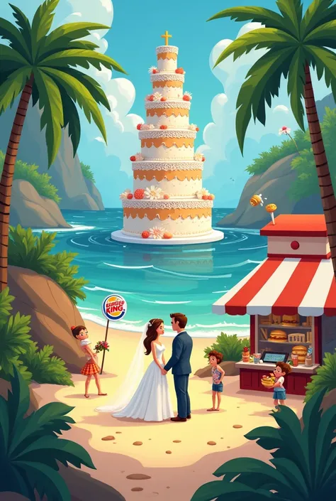 Create a 16-image lottery game with the following animated images Beach Wedding cake Irtra Panajachel Forests Burger king 
