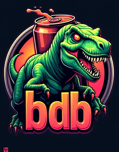 green t-rex, orange and red eye with black pupils, 2d logo, t-rex inside a circle on a giant can, bdb wrote in destructured letter, liquid on the top of the can, look angry, neon 