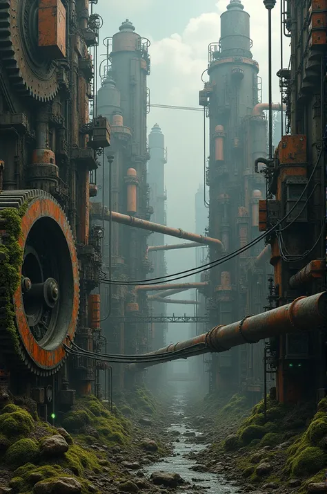 A futuristic city made of a maze of deteriorating gears 