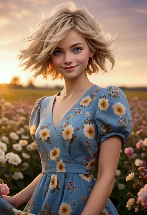 1girl, solo, young, blond hair, short hair, messy hair, blue eyes, smile, vintage floral tea dress, half-body, sunset, wind, flowers field