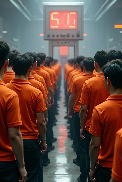 100 men with orange polo t shirt with black pant Vs 4 bosses in unfair digital weighing scale 