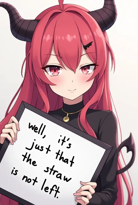 Zero Two with a half-perverted face looking sideways at the viewer holding a whiteboard with the text "Well, It&#39;s just that the straw is not left" and showing it to the viewer 