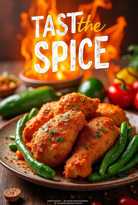 create a poster for the product „rugfirechickenthing“
in the poster the shoulb the slogan „taste the spice“
fire in the background
vegan chicken with vegtebales and kräutern
and two texts which sag „100% vegan“ and „20% off now! come and taste“
and at the ...