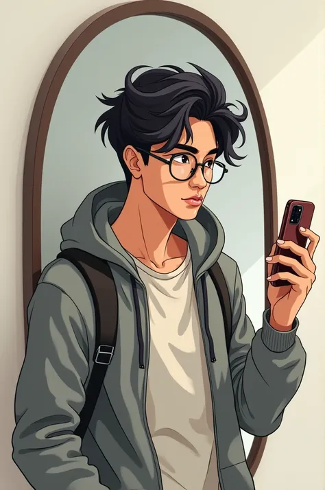 "Illustrate a handsome Malay man with messy hair and glasses, wearing a stylish hoodie, looking at his phone while checking his reflection in a mirror. He should have a cute expression as he poses confidently."