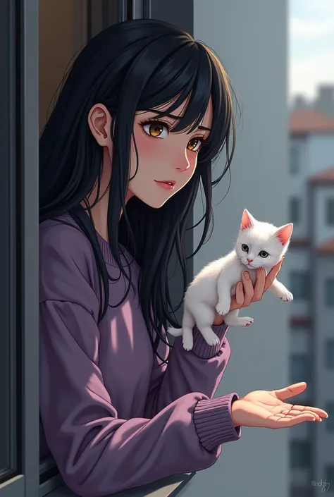 The image shows a woman with long black hair and a concerned expression, leaning out of a buildings window while holding a white kitten. The woman is wearing a purple sweater, and her gaze seems fixed on the kitten, which dangles gently from her hand, look...