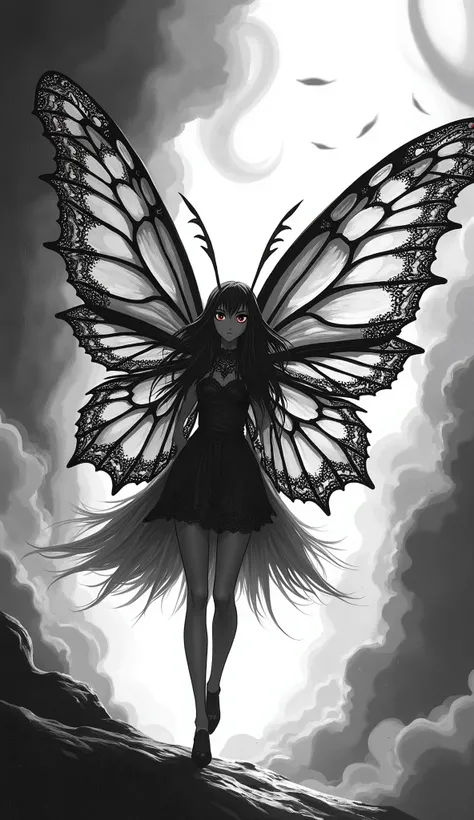 Monochrome manga art style, original character design of a Red Bella Moth, delicate wing patterns reflecting intricate lace-like details, large expressive eyes conveying a sense of wonder, elegant antennae sweeping gracefully, body adorned with elaborate m...