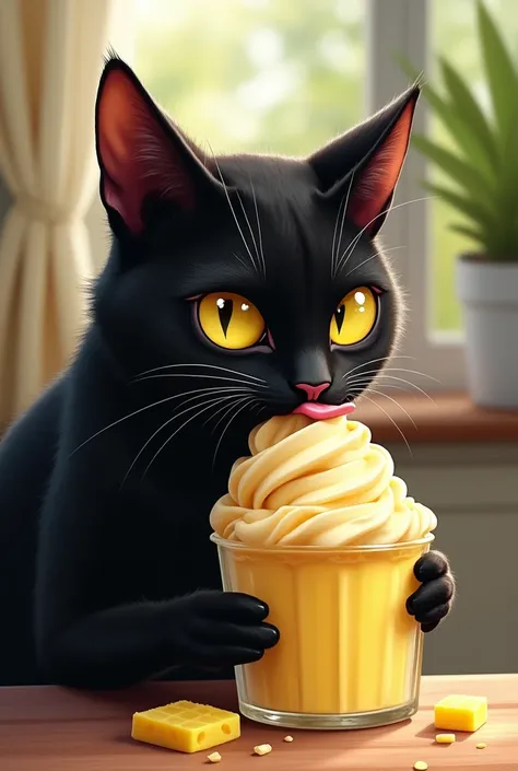 A black cat eating pineapple ice cream