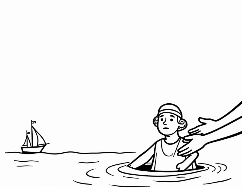 Crea una imagen cartoon for coloring, of Christopher Columbus being rescued by ships man Minimalism, for coloring 