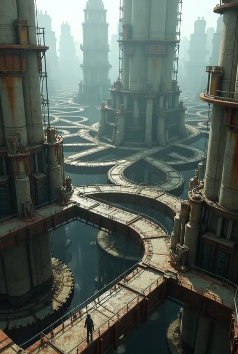 A futuristic world of a gear maze from a deteriorating perspective above 
 