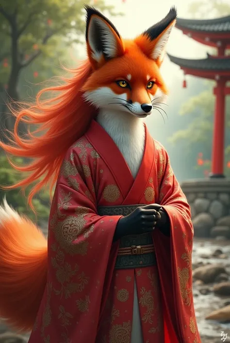 A guardian fox in a kimono and red hair