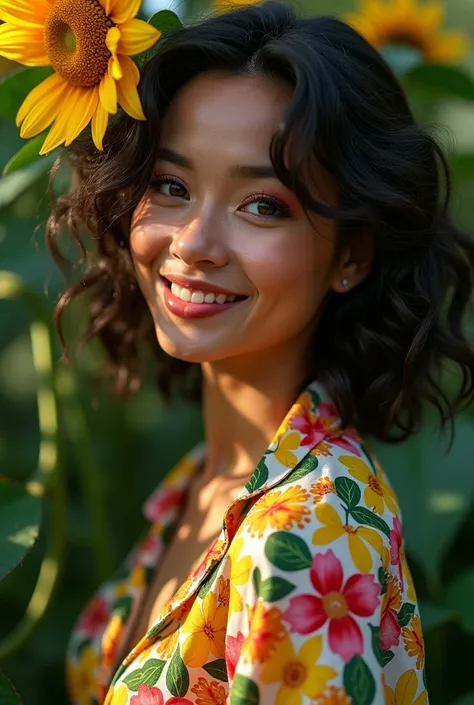 A Brazilian woman in a lush tropical garden, wearing an open shirt with a floral print, with a close-up capturing the harmonious beauty between her breasts and the natural flowers, showing off your natural charm and outgoing personality.