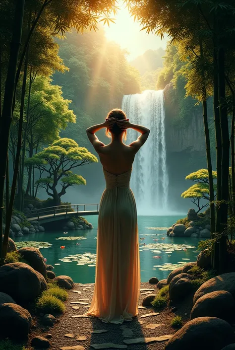 In a mesmerizing, intricately painted masterpiece by Hans Darias AI, a woman stands with her back adorned by a breathtaking landscape, where rich, vibrant colors vividly bring to life a cascading waterfall, dense forests, and a serene pond. Her graceful po...