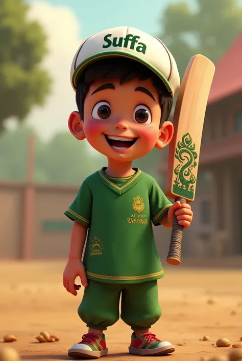 Make A picture of a Pakistani boy who has a white Pakistani cap on his head written on cap As Suffa , and he has a bat in his  right hand, and he has a green tea shirt, written on shirt Abdur rahman , show his name, he is happy so much 