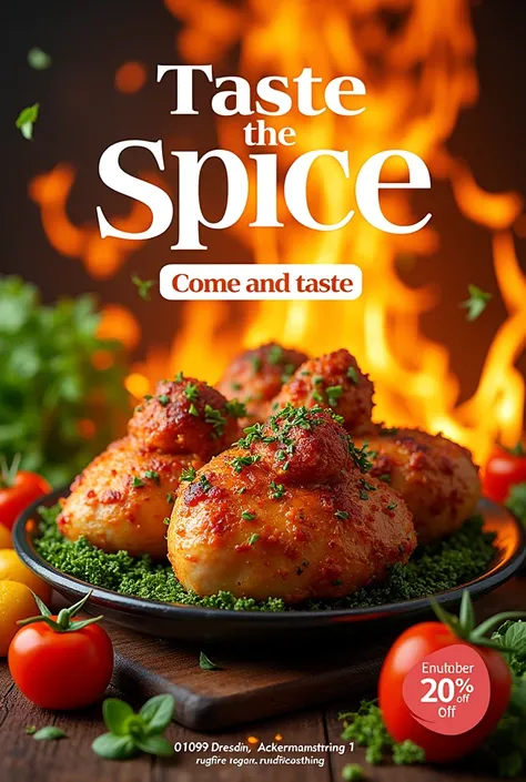 create a poster for the product „rugfirechickenthing“
in the poster the shoulb the slogan „taste the spice“
fire in the background
vegan chicken with vegtebales and kräutern
and two texts which sag „100% vegan“ and „20% off now! come and taste“ !!! please ...